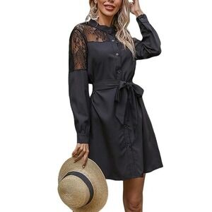 CUPSHE Womens Spring Summer Croche Lace Long Sleeve Shirt Dress Dressy Casual XS
